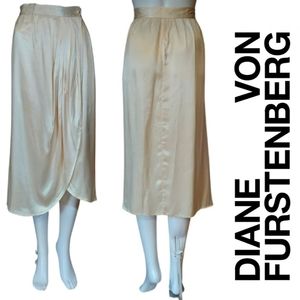 Vintage Diane Von Furstenberg Silk Wrap Pleated Waist Midi Skirt In Cream